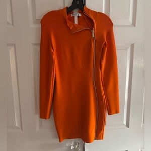 House of CB Orange Long-Sleeve Zip-Front Bodycon Dress